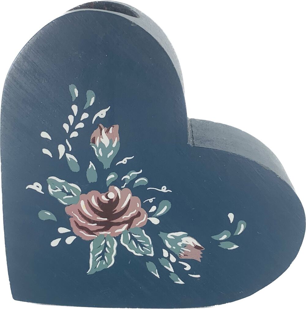 Vintage Wood Tapered Candle Holder Heart Roses Blue Pink White Green Side Tilted